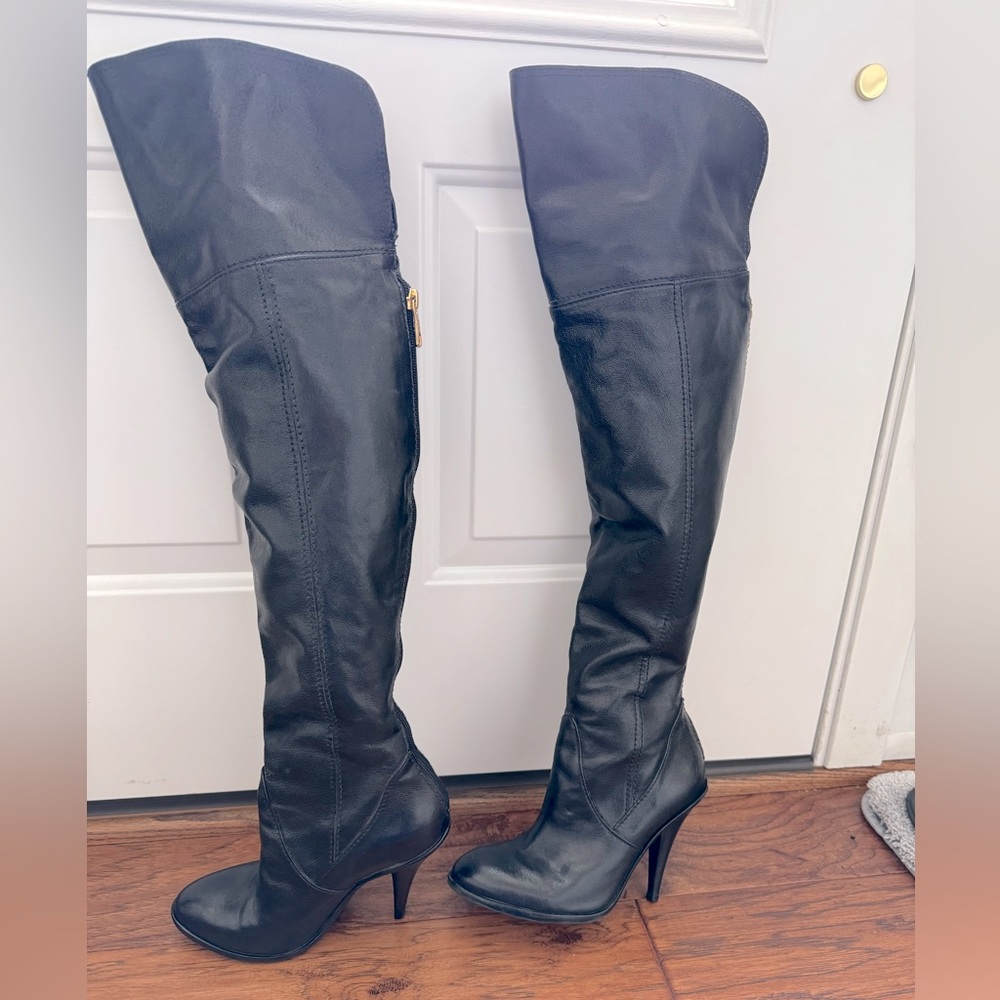 BCBG MaxAzria Black Over the Knee Heeled Leather Boots